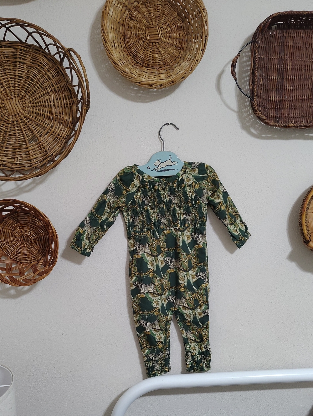 Kate Quinn Green Butterfly Print Smocked Baby Romper-organic Cotton